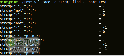 output of ltrace capturing 'strcmp' library call