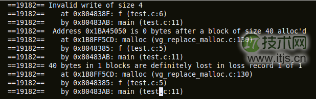 output of valgrind showing heap block overrun and memory leak